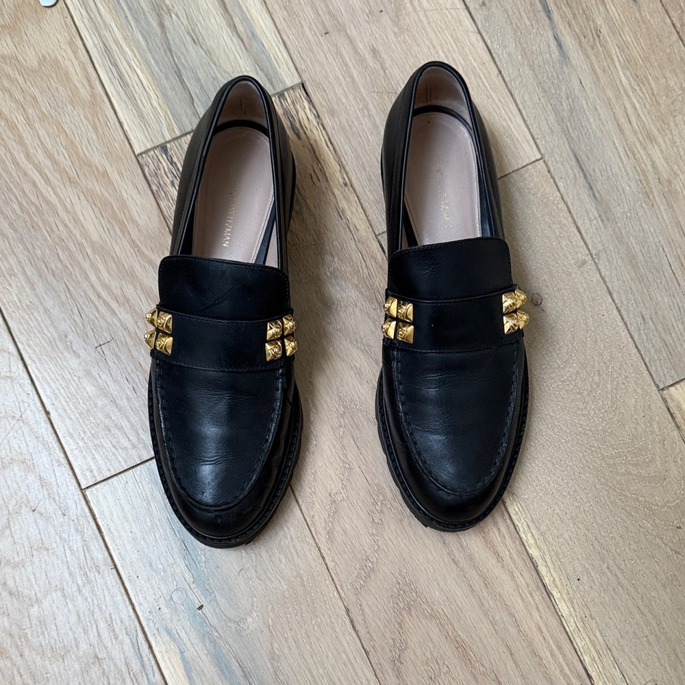 Stuart Weitzman Black Loafers with Gold Studs